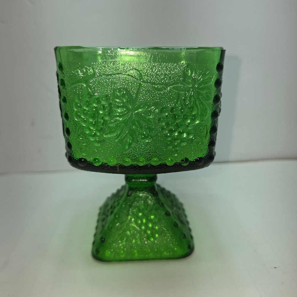 Vintage Emerald Green Glass Grape Harvest Pedestal Bowl Square Candy Dish 6in